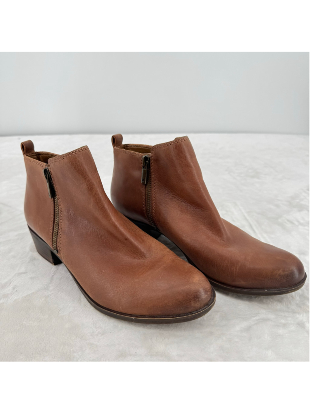 Lucky Brand Basel Ankle Boots Brown Leather Dual Zipper Low Heel Western 38.5/8